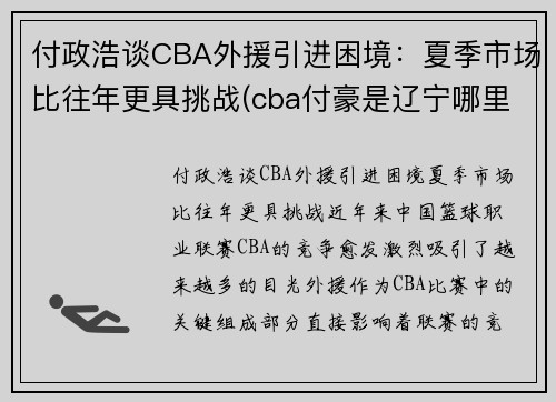 付政浩谈CBA外援引进困境：夏季市场比往年更具挑战(cba付豪是辽宁哪里人)